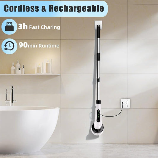 9-in-1 Cordless Electric Spin Scrubber for Bathroom & Home | 7+ Brush Heads, Adjustable Speeds, LED Display, Long Handle | Powerful 350RPM Cleaning Brush for Floor, Tub, Tile, Car