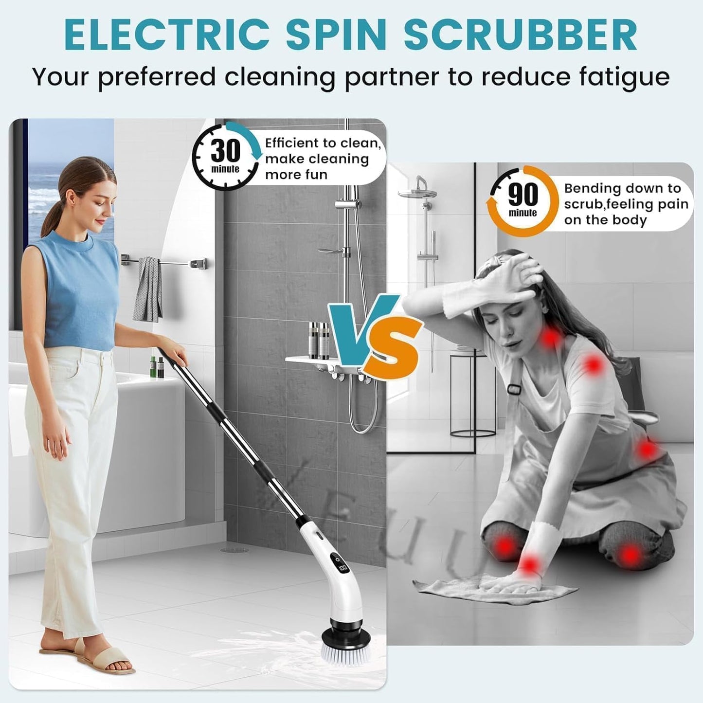 9-in-1 Cordless Electric Spin Scrubber for Bathroom & Home | 7+ Brush Heads, Adjustable Speeds, LED Display, Long Handle | Powerful 350RPM Cleaning Brush for Floor, Tub, Tile, Car