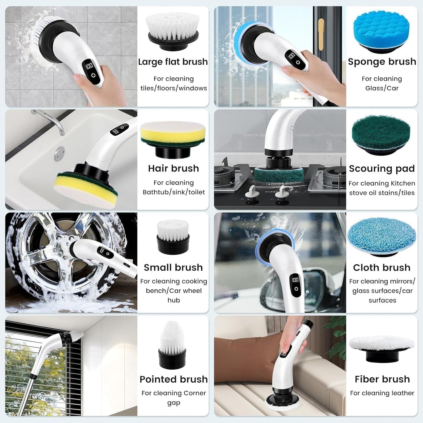 9-in-1 Cordless Electric Spin Scrubber for Bathroom & Home | 7+ Brush Heads, Adjustable Speeds, LED Display, Long Handle | Powerful 350RPM Cleaning Brush for Floor, Tub, Tile, Car